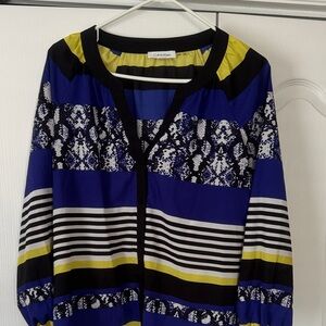 Calvin Klein Women's Striped Blue and Yellow Blouse